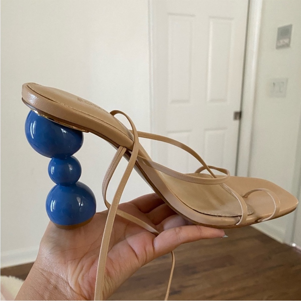 Song of Style Tan Strappy Heels with Blue Sculpted Bead Heel